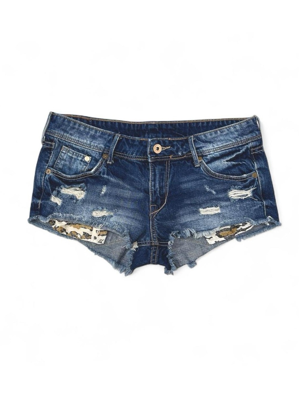 Y2K 2010s Distressed Denim Mini Shorts with Peakaboo Gold Leopard Print Pickets